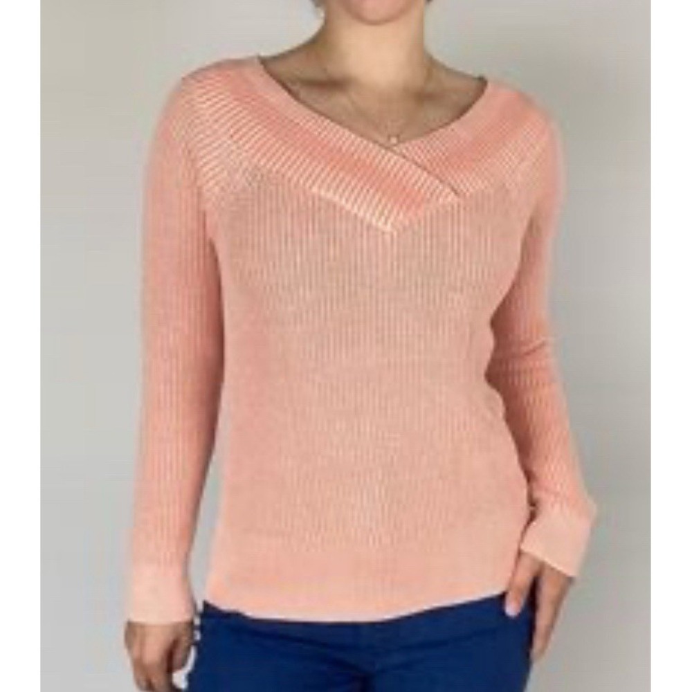 RAG & BONE Dawn Off The Shoulder Small Cotton Knit Sweater Ribbed Trim Pink